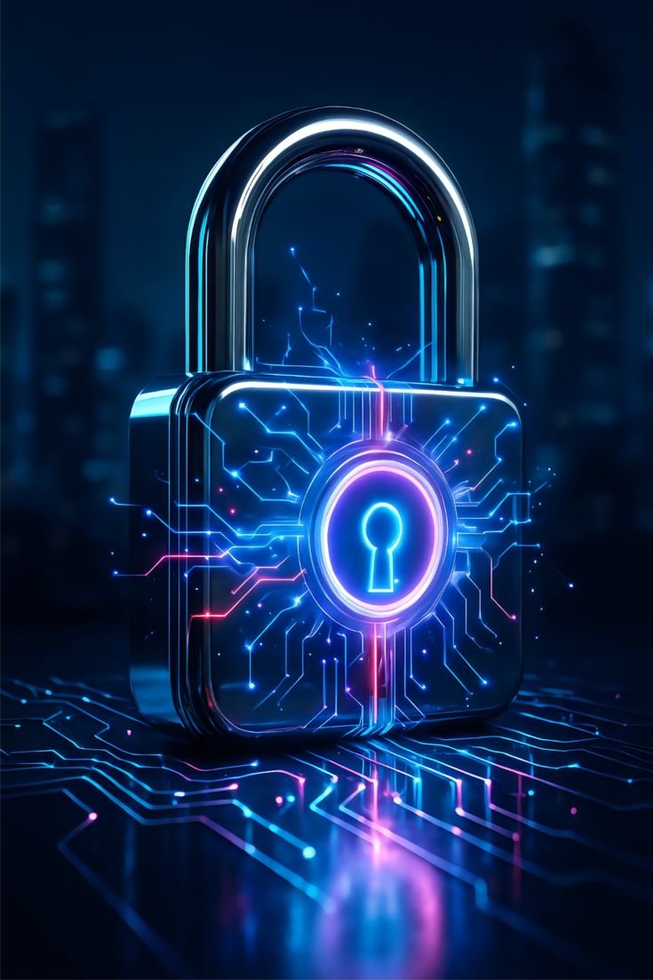 blog futuristic digital padlock with neon circuitry and cybersecurity concept